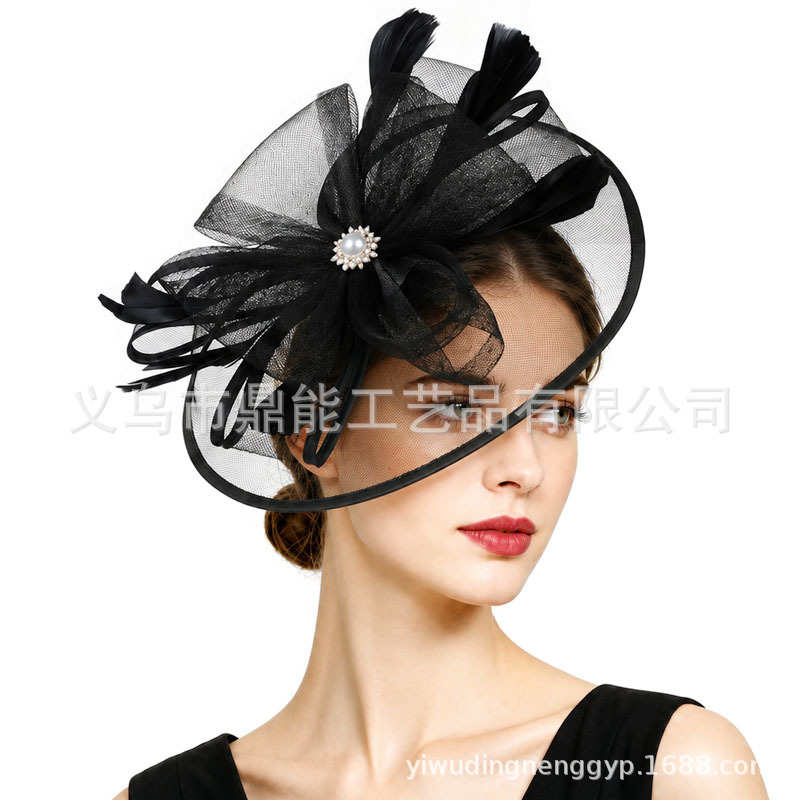 Cross-border European and American vintage mesh hair accessory, horse racing bride's hat with feathers, party and ball headpiece