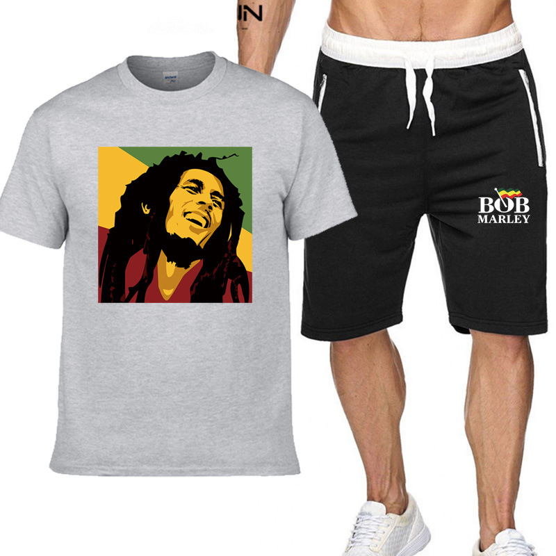 Summer Short-Sleeved Men's T-Shirt Suit Rock European and American Classic Bob Marley Band Metal Commemorative Bob Marley