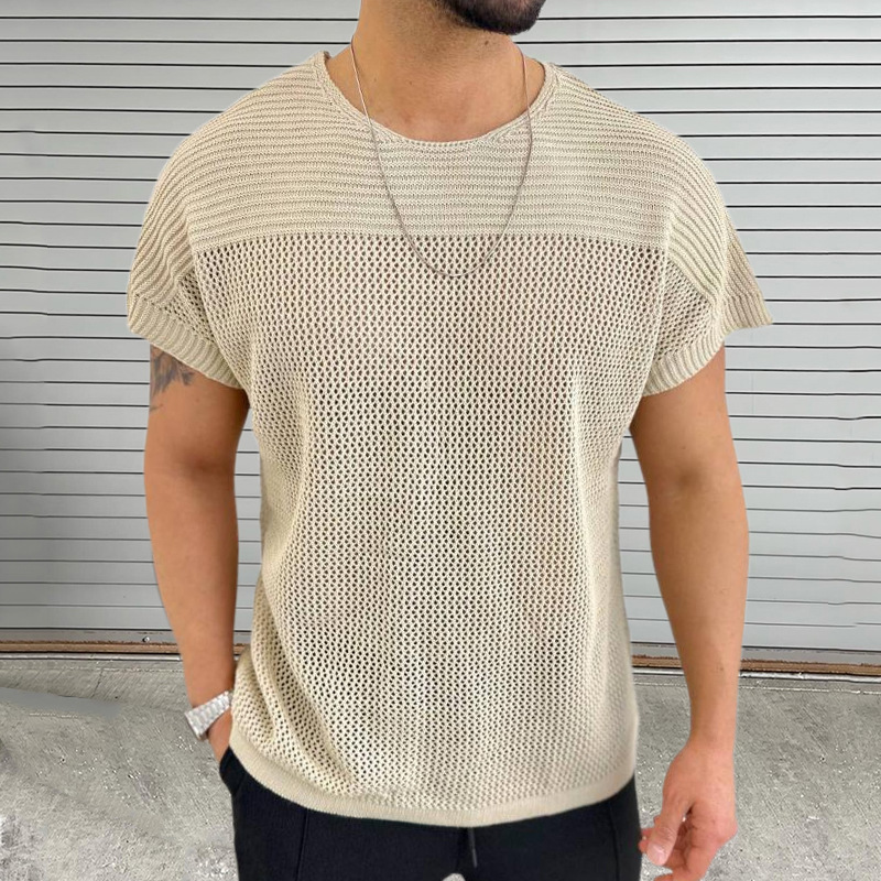 Dünner hohler Strickpullover mit Rundhalsausschnitt und kurzen Ärmeln, Pullover, Oberteil, Sommer, Slim Fit, Herrenbekleidung_voghion.com