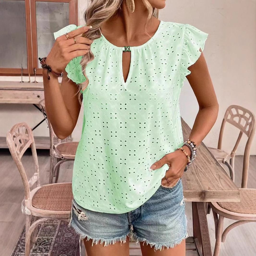 아마존 독립 스테이션 봄 여름 유럽과 미국의 새로운 자카드 브이넥 푸시 슬리브 반팔 티셔츠 탑 크로스보더 여성 의류