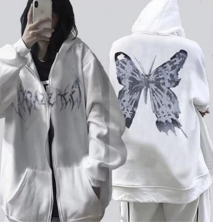 Fleece-Sweatshirt mit Kapuze, Reißverschluss, Buchstaben- und Schmetterlingsprint, Damen-Stil 2021 - 1713_voghion.com