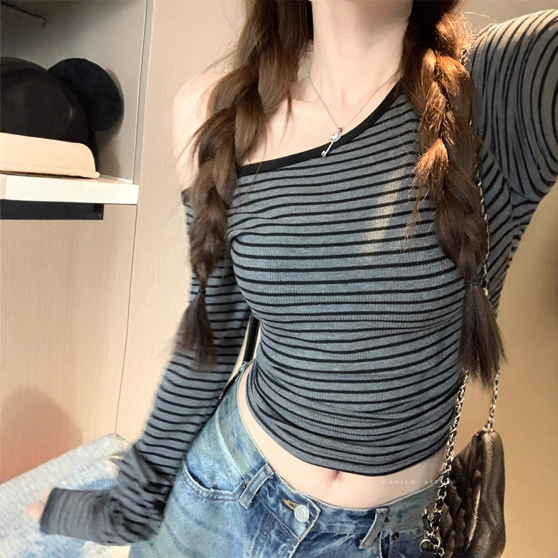 Yeyuan Design Sexy Slant Shoulder Slim-fit Slimming Long-sleeved T-shirt Women's Autumn and Winter Niche Base Shirt Shoulder Top