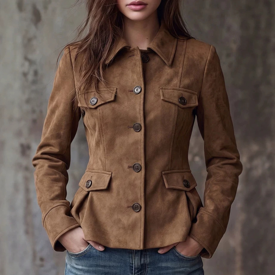 Cross-border European and American independent brand women's retro suede multi-pocket lapel shirt brown short jacket