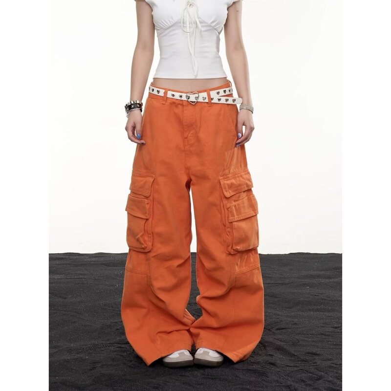 American-style orange heavy-duty dance pocket wide-leg cargo pants, waist-cinching, casual loose-fitting long pants, Japanese-style, unisex