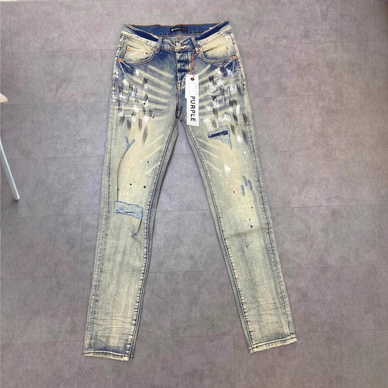 Trendy Brand Purple Brand Men's New Washed Distressed Ripped Slim-Fit Jeans with Ink Splatter American High Street Style