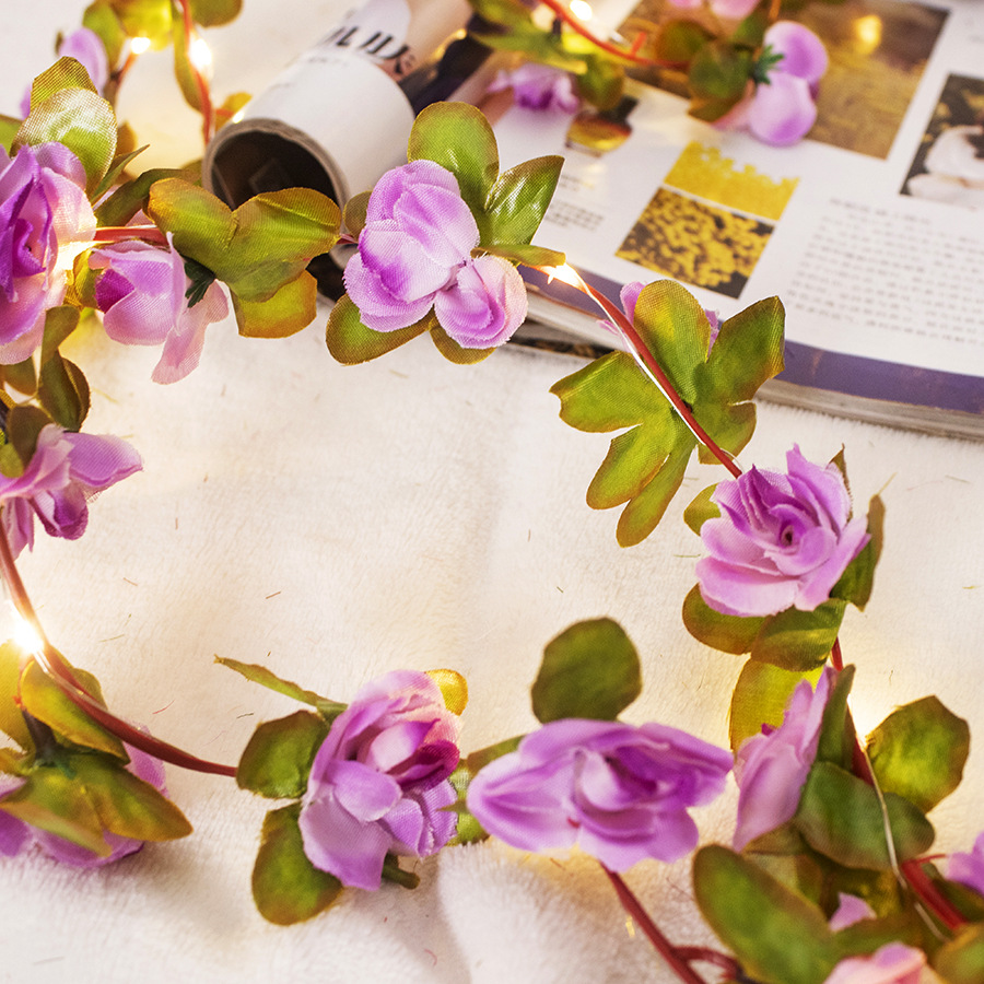 Simulación rosa lámpara de ratán decoración de ratán hotel de flores enrollado falso arte floral seda luz de colores luz intermitente decoración luz de alambre de cobre