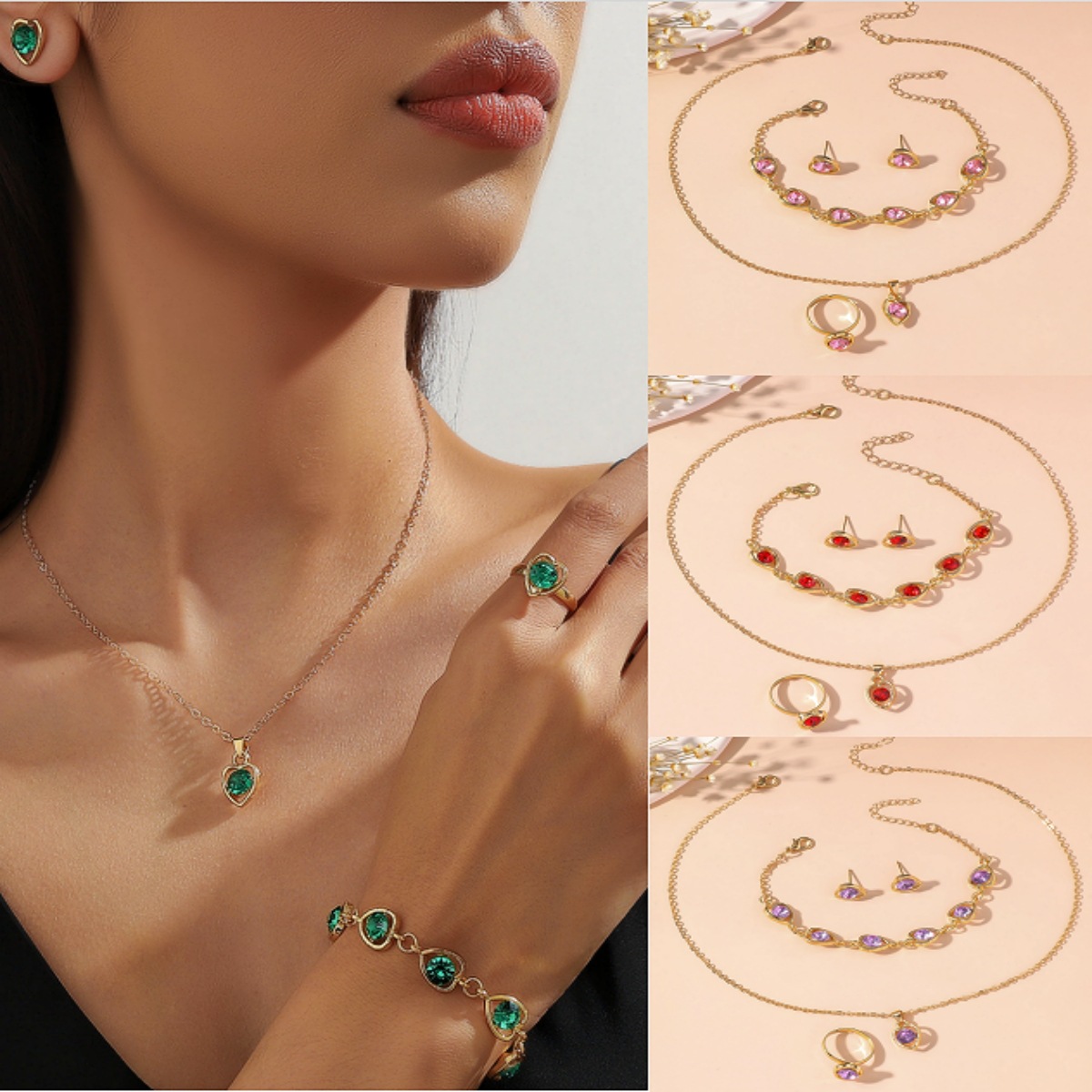 Amazon transfronterizo Europa y Estados Unidos amor de cristal joyas de moda temperamento corazón de melocotón collar pendientes anillo pulsera conjunto de cuatro piezas