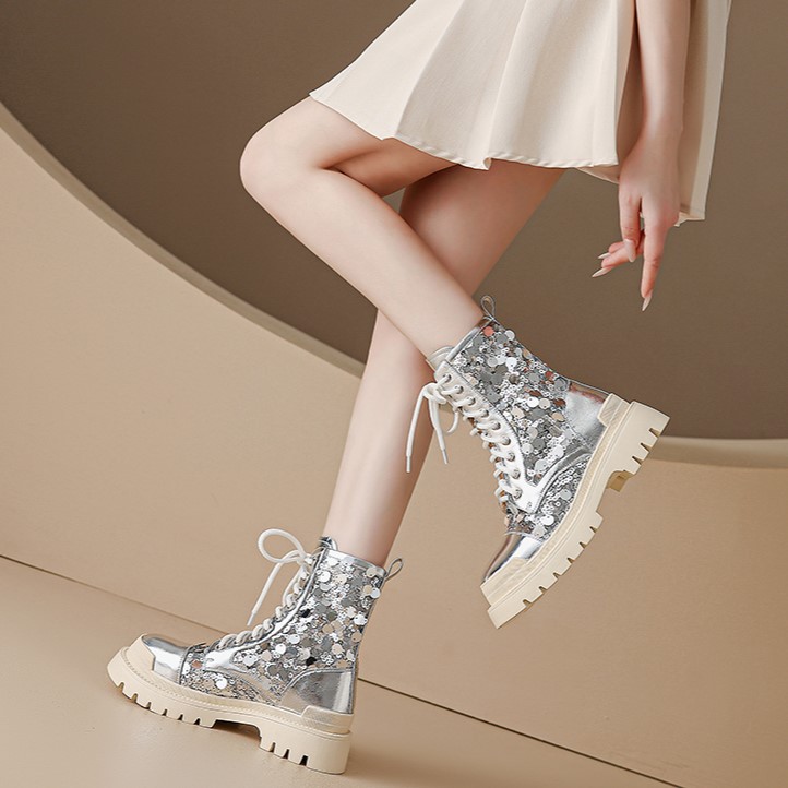 Boot nữ cổ thấp hở mũi dây buộc đế platform cao 5 cm màu bạc sequin — màu đen, bạc