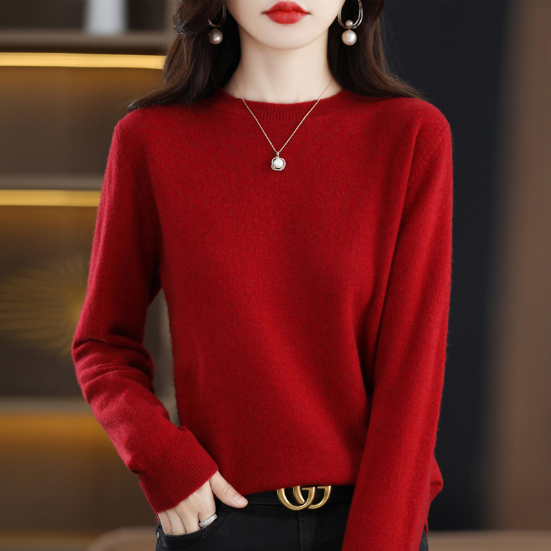 Nuevo otoño temprano cuello redondo 100 suéter de lana de las mujeres de moda simple flojo adelgazar punto manga larga que basa la camisa suéter de las mujeres