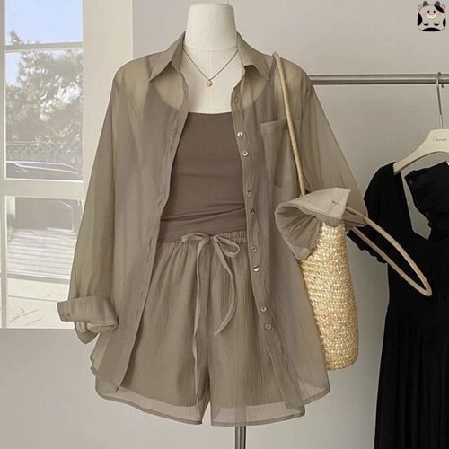 Sheath Sun Protective Shirt Top + Slimming Tank Top + Loose Matching Shorts Women's 3-Piece Set