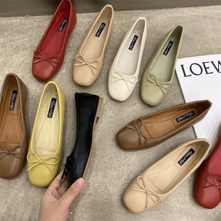 Tweed Style Flat Heel Single Shoes for Women 2022 Spring New Evening Breeze Square Toe Bow Soft Leather Soft Sole Granny Shoes
