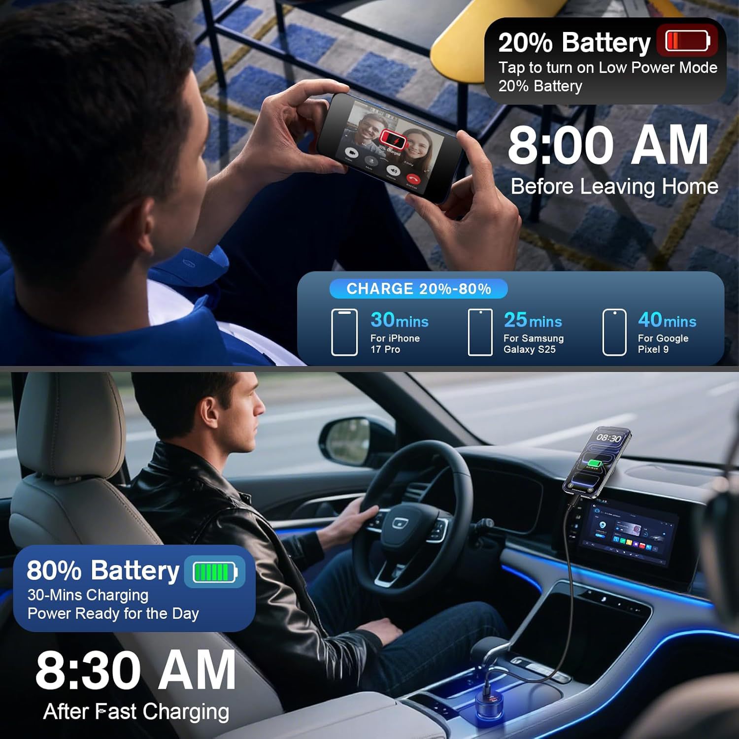 Cross-Border Factory Wholesale Car Charger Super Fast Charging Suitable for Apple and Android Phones Pd45 High-Power Car Charger