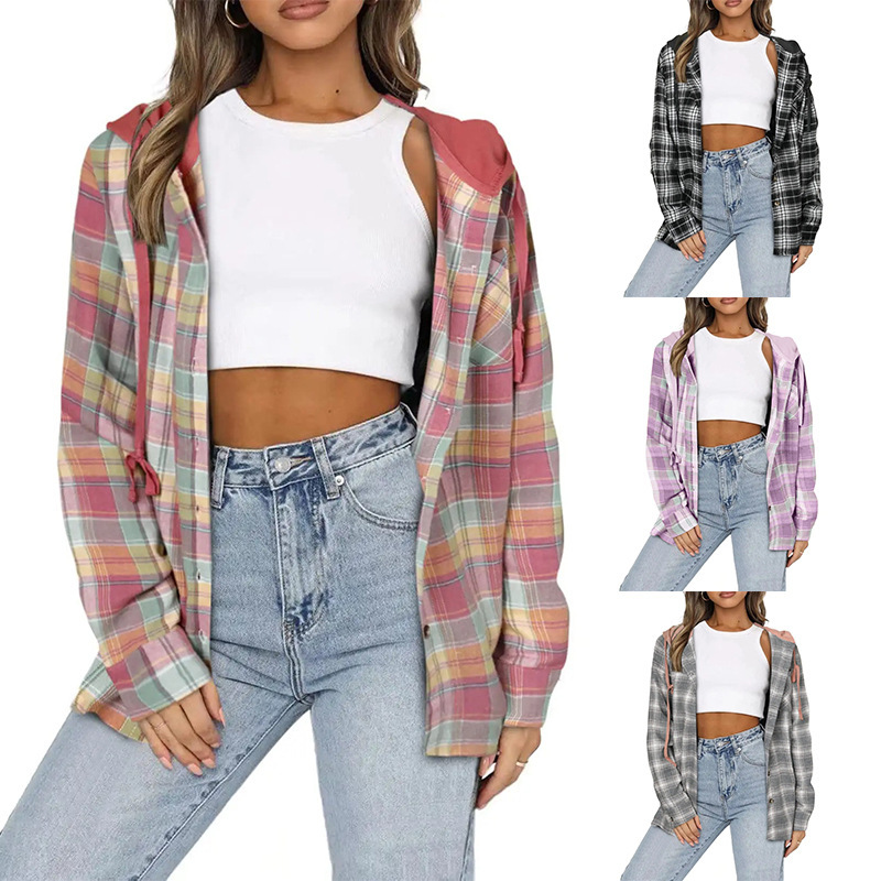 Cross-Border European and American Export Women's Clothing 2022 Amazon Autumn and Winter New Hooded Sweatshirt Buttoned Casual Shirt Jacket