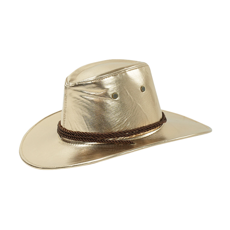 Cappello da cowboy western alla moda in pelle PU color oro unisex, cappello da montagna jazz, tutto in tonalità_voghion.com
