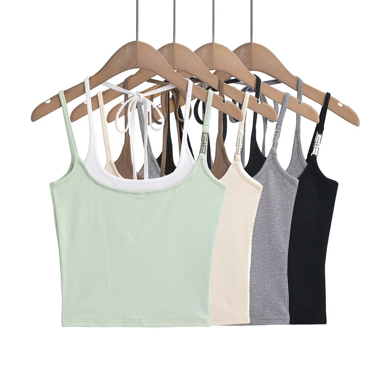 Beautiful Back Sling Fake Two-piece Hot Girl Top Short Sexy Neck Belt Vest Women's Base All-match Shoulder Contrast Cotton