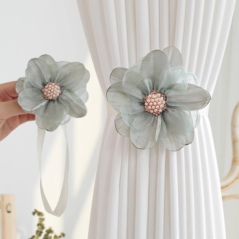 Princess-Style Curtain Ties, Light Luxury High-End White Gauze Straps, Fixed Binding Ropes, Gathering Clips, Cicada Wing Flower Decorative Curtain Buckles