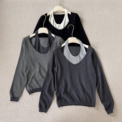 格雷系挂脖假两件针织衫女秋轻熟风叠穿感撞色长袖上衣显瘦t恤