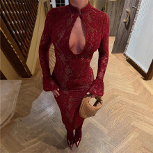 2025年春夏跨境外贸新款纯色气质旗袍扣领蕾丝镂空包臀连衣裙