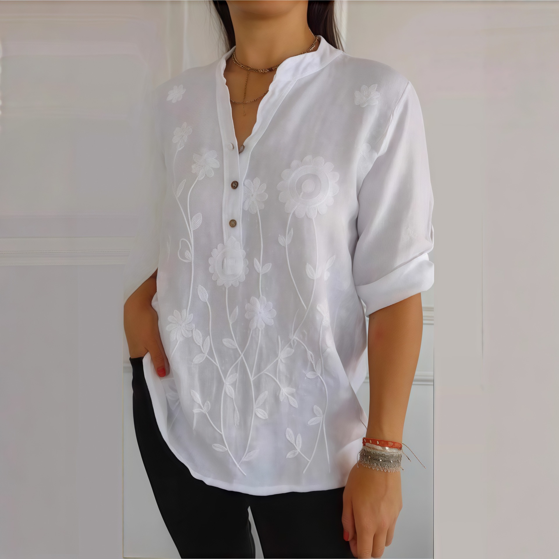 Women's Lace Embroidered V Neck Button Shirt Casual Elegant Fashion Blouse for Autumn Export Independent Website Europe & America_ecoleips.com