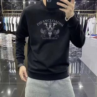 Autumn and Winter New Trendy Brand Printed Boys' Tops, Fashionable Pullover, Round Neck, Long Sleeves, Casual, Versatile, Trendy Men's Sweatshirts with Velvet