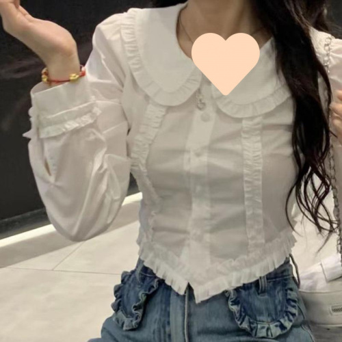 Women's Short Sleeve High-Waisted Long-Sleeve A-Line White Babydoll Collar Blouse with Lace Detail for a Fitted and Slimming Effect