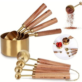 Stainless Steel Measuring Cup Measuring Spoon 8-Piece Set Acacia Wood Handle Stainless Steel Wire Handle Coffee Flavoring Baking Tool with Scale