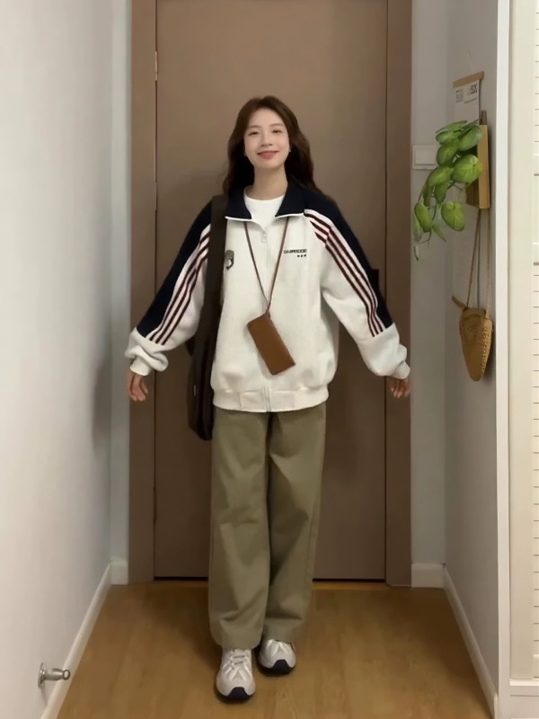 美式高街三条杠撞色立领卫衣女春秋款宽松慵懒风chic休闲开衫外套|undefined