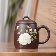批发宜兴原矿紫砂杯手工堆绘牡丹茶杯办公水杯礼物紫泥秦权泡茶杯