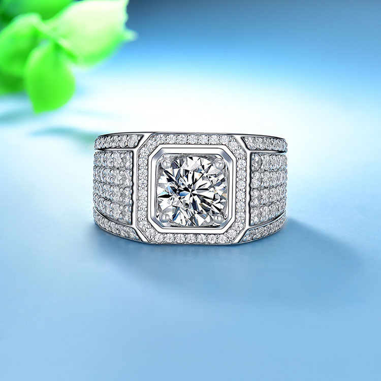 D色莫桑石戒欧美新款豪华高碳钻男士戒指四爪 925纯银镀18K金钻戒|ms