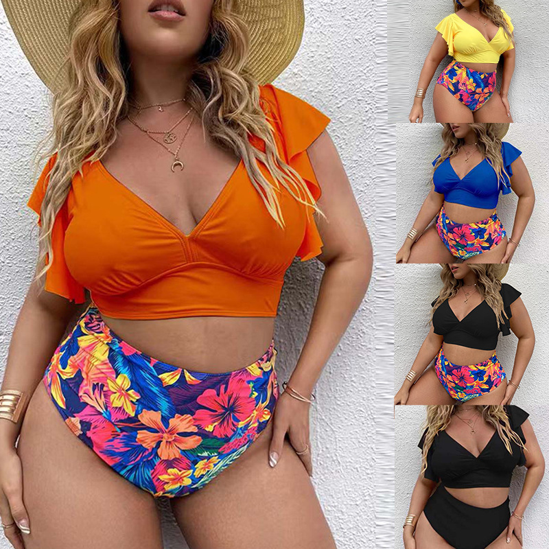 2023 new European and American Amazon AliExpress foreign trade fat woman large size solid color printed women's split bikini swimsuit