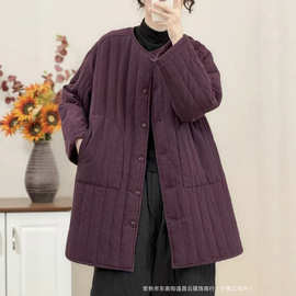 2026冬季新款文艺圆领中长款棉衣女复古做旧纯色宽松保暖外套棉服