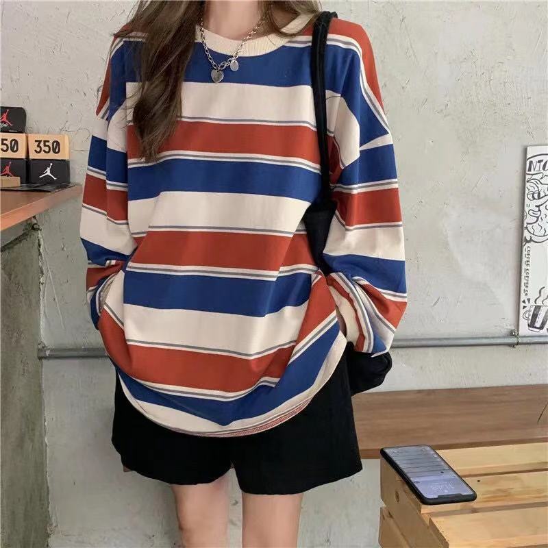 Thailand Internet Celebrity T-Shirt Women's ins Rainbow Striped Long-sleeved Top 2022 Autumn Korean Loose Foreign Trade Base Shirt