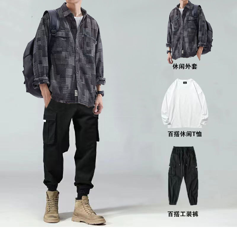 三件套】潮牌男士工装套装春秋季新款衬衫百搭外套男一套帅气搭配|undefined
