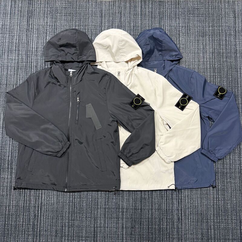 Cross-Border Ston Island Classic Compass Badge Slightly Wrinkled Hooded Windproof Jacket with Zipper and Multiple Pockets for Outdoor Use