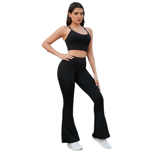 European and American cross-border women's yoga bell-bottom pants, high-waist belly, hip-lifting pants, fitness pants, stretch, wide-leg tights,