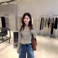 十三行秋季新款翻领条纹一字肩长袖T恤女舒适柔软显瘦百搭上衣潮
