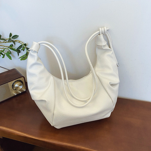 PU Commuter Shoulder Bag for Women, Maillard Style Retro Soft Doughnut Bag, Spring Fashion Pleated Underarm Bag