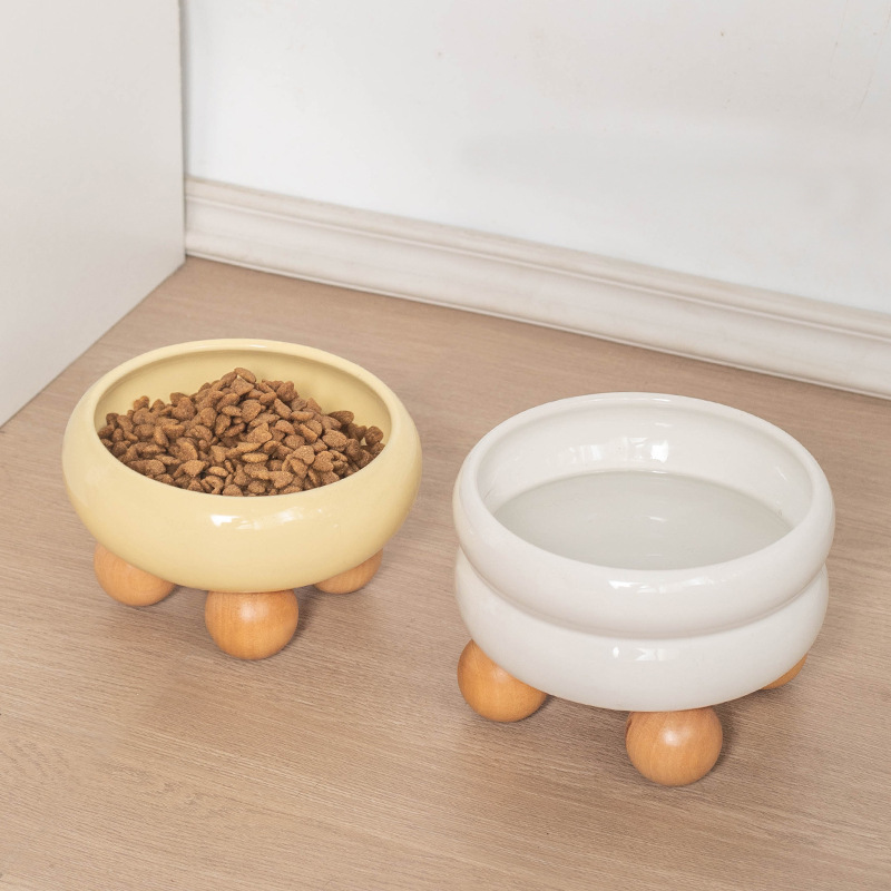 Nuevo tazón de mascotas de madera sólida círculo de madera marco de bolas de cerámica tazón de perro tazón de gato alimentación de agua alimento perro gato hogar