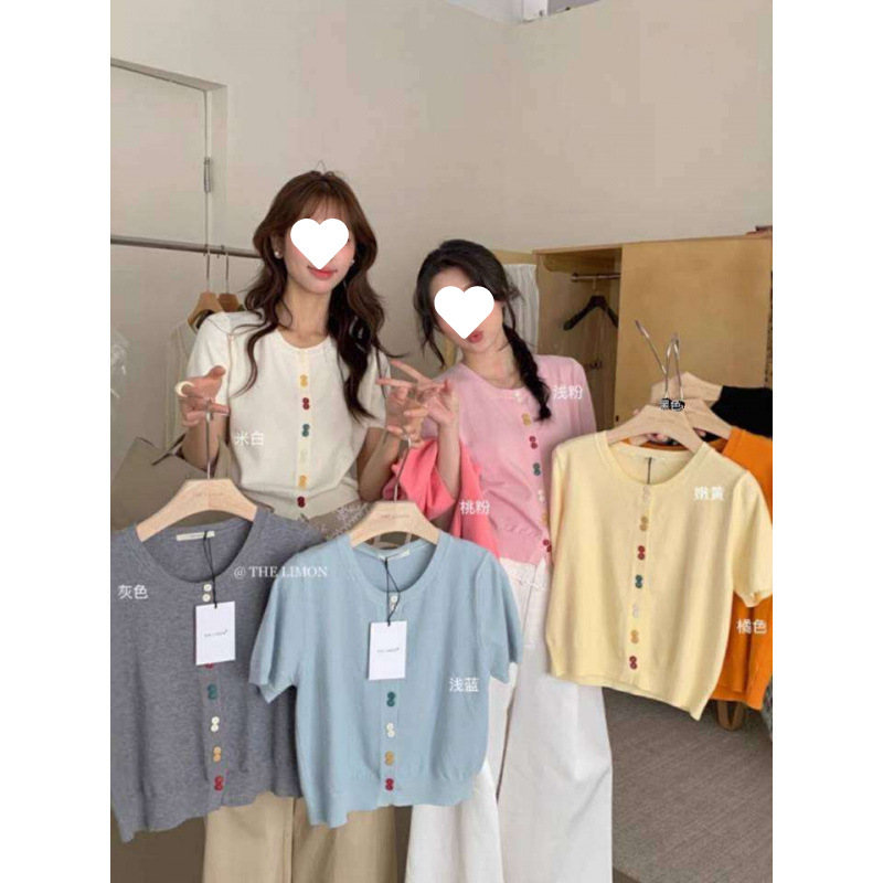 Lemon Green Tea Korean Style Atmosphere Colorful Button Soft and Comfortable Round Neck Short-Sleeved Knitted Cardigan Women's Fashionable and Sweet