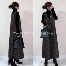 现货2025秋季跨境热卖背心裙V领珍珠格纹无袖外搭连衣裙