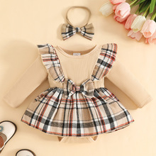跨境女童长袖连衣裙长袖格子三角连体哈衣裙配头饰蝴蝶结连体裙