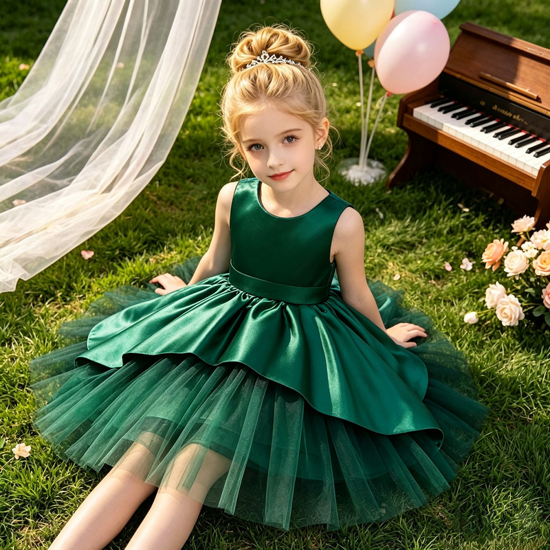 Girls' Popular Christmas Children's Baby Birthday Party Performance Solid Color Bowknot Splicing Tuxedo Dress Princess Dress