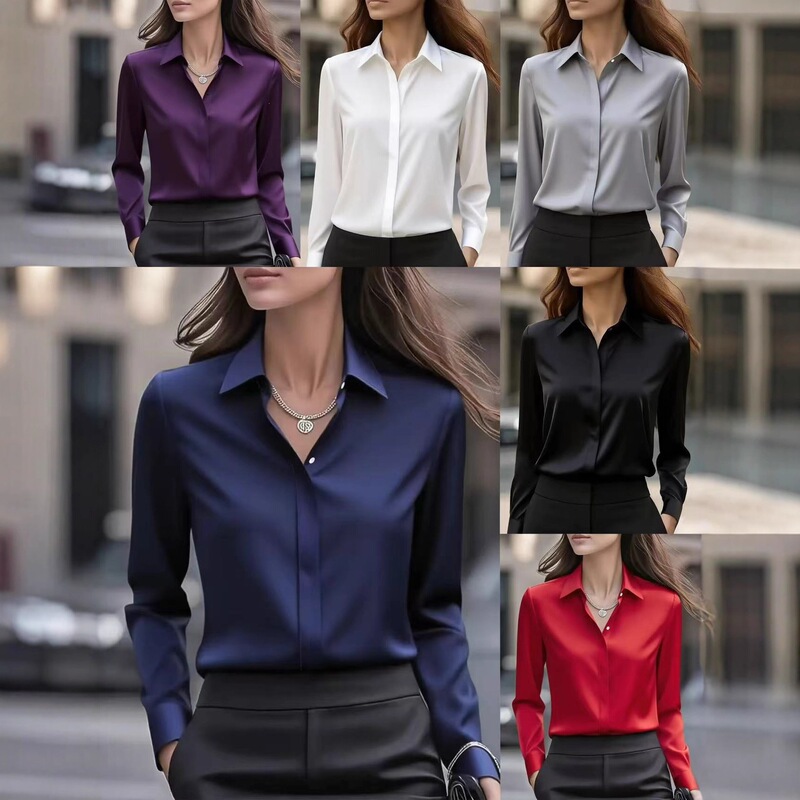 2025 Independent Site Wish Amazon Hot-Selling Item Autumn Solid Color Long-Sleeve Versatile Shirt with Turn-Down Collar Satin Shirt for Women 2025 Independent Site Wish Amazon Hot-Selling Item Autumn Solid Color Long-Sleeve Versatile Shirt with Turn-Down Collar Satin Shirt for Women