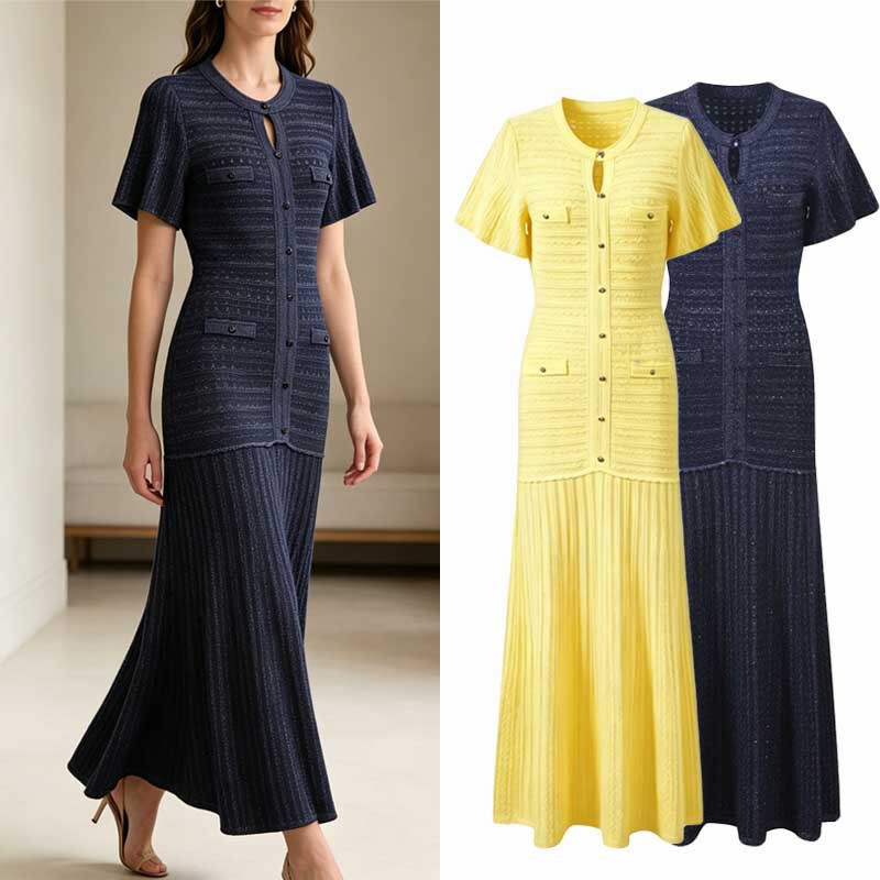 S Cross-Border European and American Summer New Women's Clothing, Hollow-Out Long Dress, French Elegant Style, Round Neck, Short-Sleeved Knitted Dress S Cross-Border European and American Summer New Women's Clothing, Hollow-Out Long Dress, French Elegant Style, Round Neck, Short-Sleeved Knitted Dress