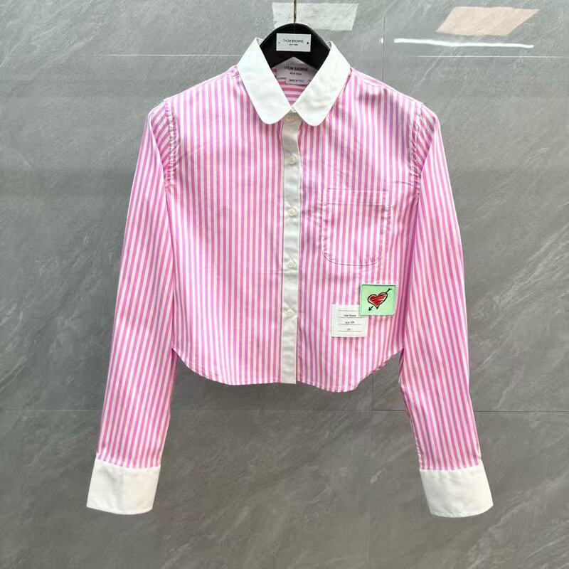 Factory Direct Sale Tb Women's Qixi Festival Limited Edition Pink Striped Cropped Long-Sleeve Shirt Casual Versatile Blouse