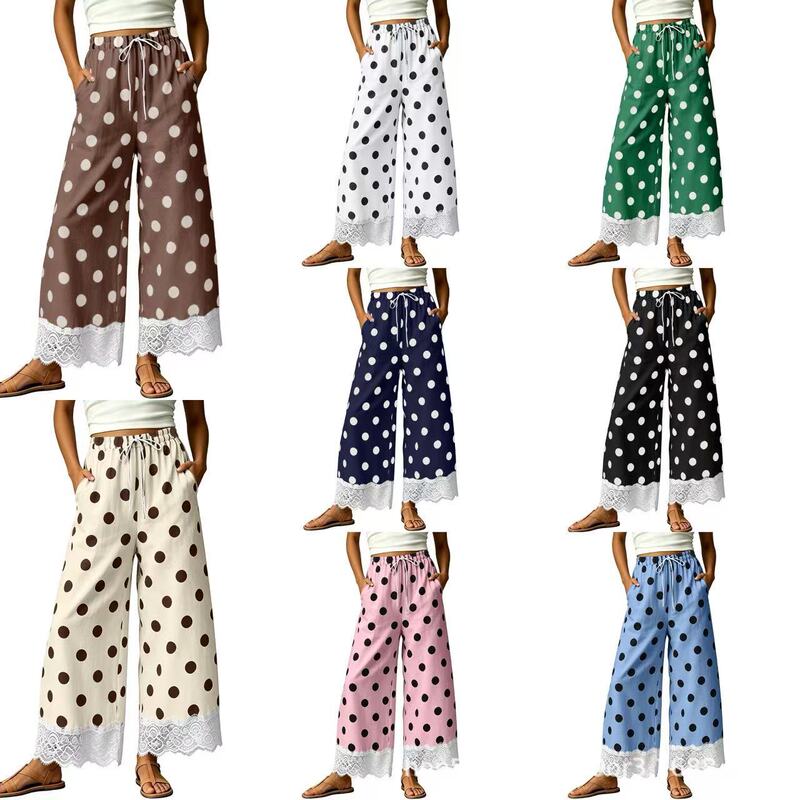 Straight-leg casual forest-style sweet cotton cropped wide-leg pants, versatile loose fit with elastic waist and lace trim, women's polka dot new style