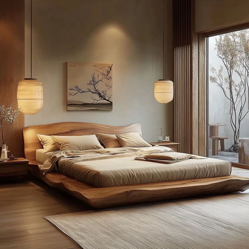 Geometric Wooden Wabi-Sabi Style Pure Solid Wood Bed Double Bed Frame with Mortise and Tenon Structure for Chinese-Style Guesthouses and Hotels