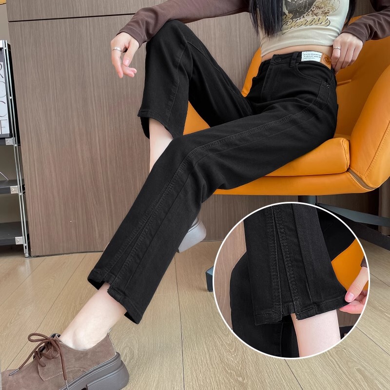 High Waist Straight Faux Jeans Women's Summer Korean Style Stretch All-match Small Men Slimming Black Pants