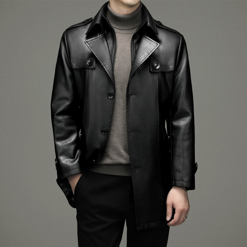 2025 Autumn/Winter Haining Pu Leather Jacket for Men, Mid-Length Leather Windbreaker with Turn-Down Collar, Fleece-Lined and Thickened Leather Coat for Men