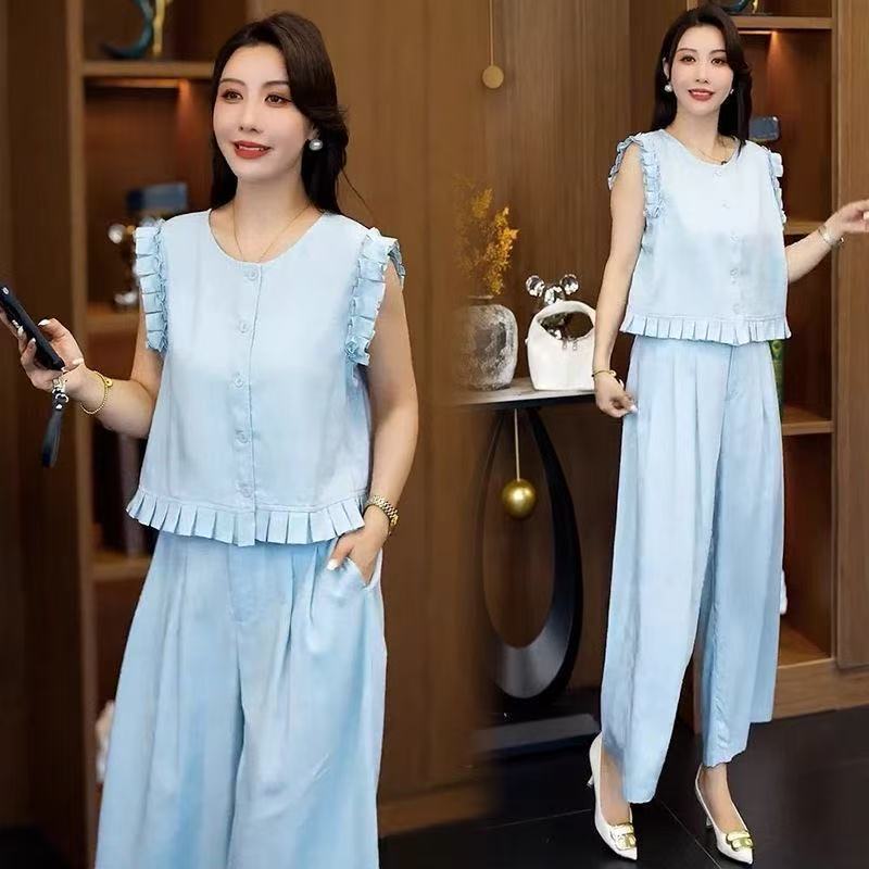 时尚套装女2025夏季新款洋气显瘦木耳边无袖马甲背心阔腿裤两件套|undefined